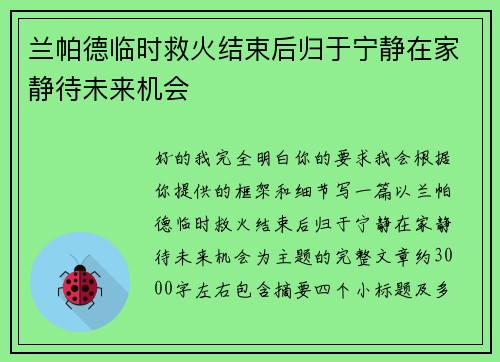 兰帕德临时救火结束后归于宁静在家静待未来机会