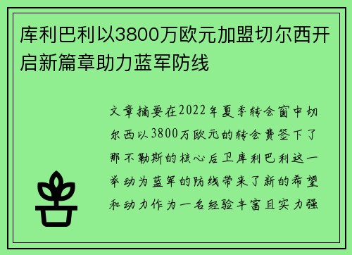 库利巴利以3800万欧元加盟切尔西开启新篇章助力蓝军防线